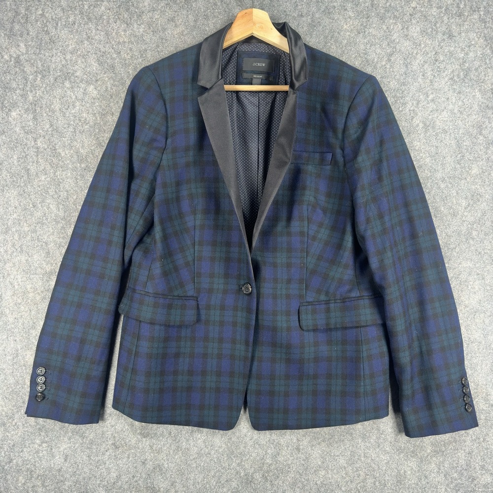 J.Crew Regent Blazer Womens 12 Blue Black Watch Plaid Shawl Tuxedo Wool